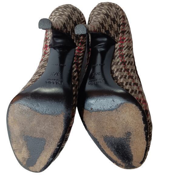 PRADA Houndstooth Fabric Heels Pumps Shoes Size 37.5 Peep Toe Brown Red Wool - Picture 6 of 11